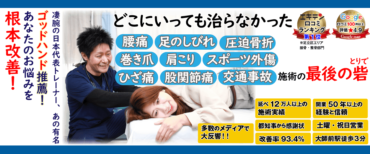 足立区西新井で腰痛・足のしびれ・圧迫骨折・肩こり・巻き爪・スポーツ外傷・ひざ痛・股関節痛・交通事故施術なら、Googleクチコミ評価4.9!大師前駅から徒歩3分の「名倉堂 大師接骨院」へ