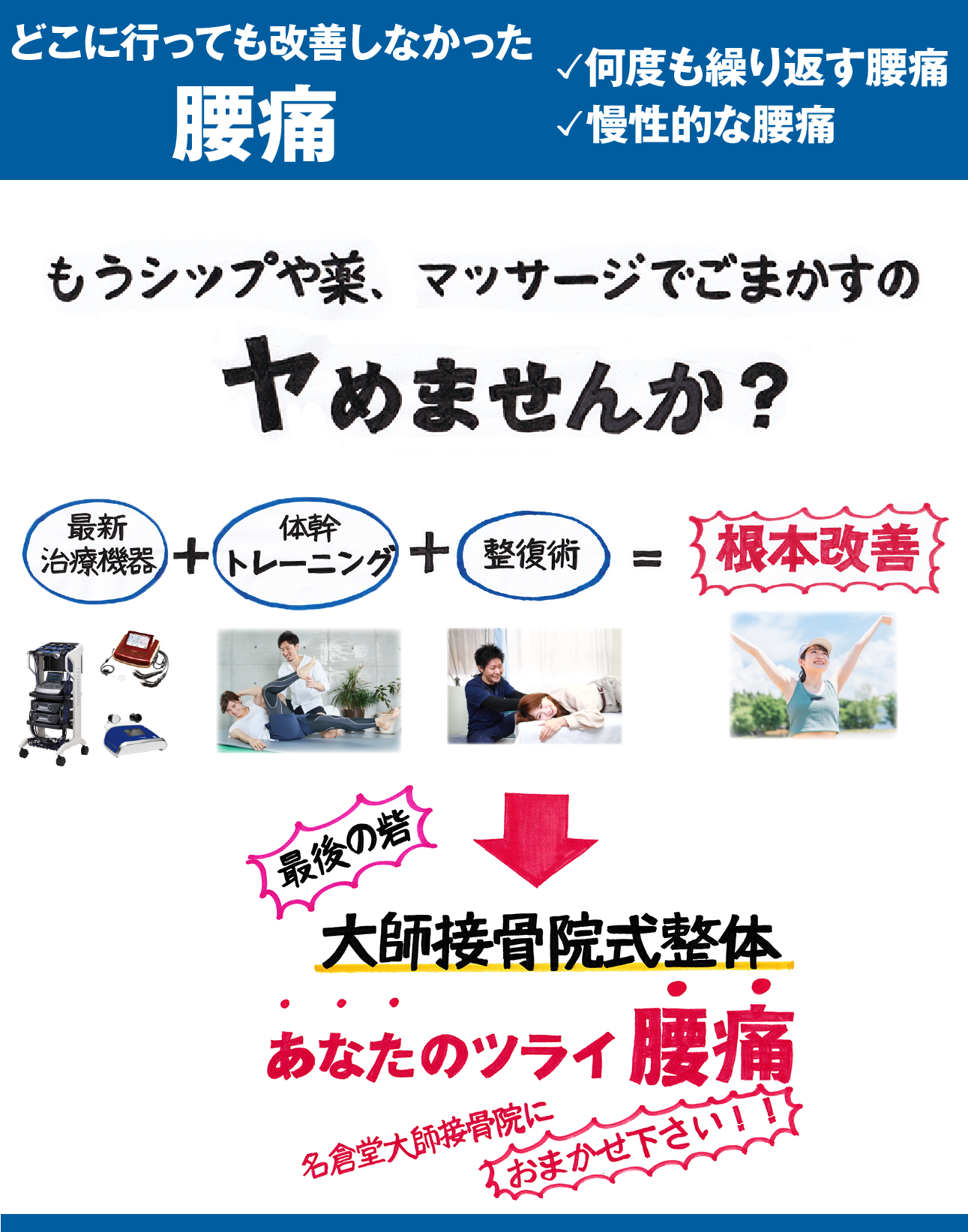 圧迫骨折、慢性的な腰痛、ぎっくり腰などのツライ腰痛は足立区西新井の接骨院「名倉堂大師接骨院」にお任せください！